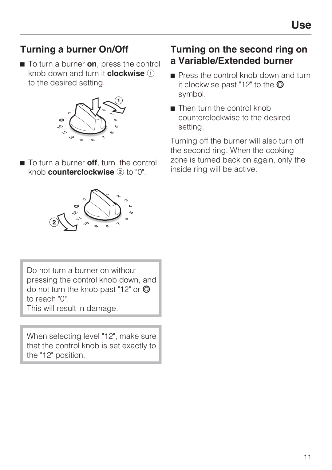 Miele CS 1112, CS 1122 Use, Turning a burner On/Off, Turning on the second ring on a Variable/Extended burner 