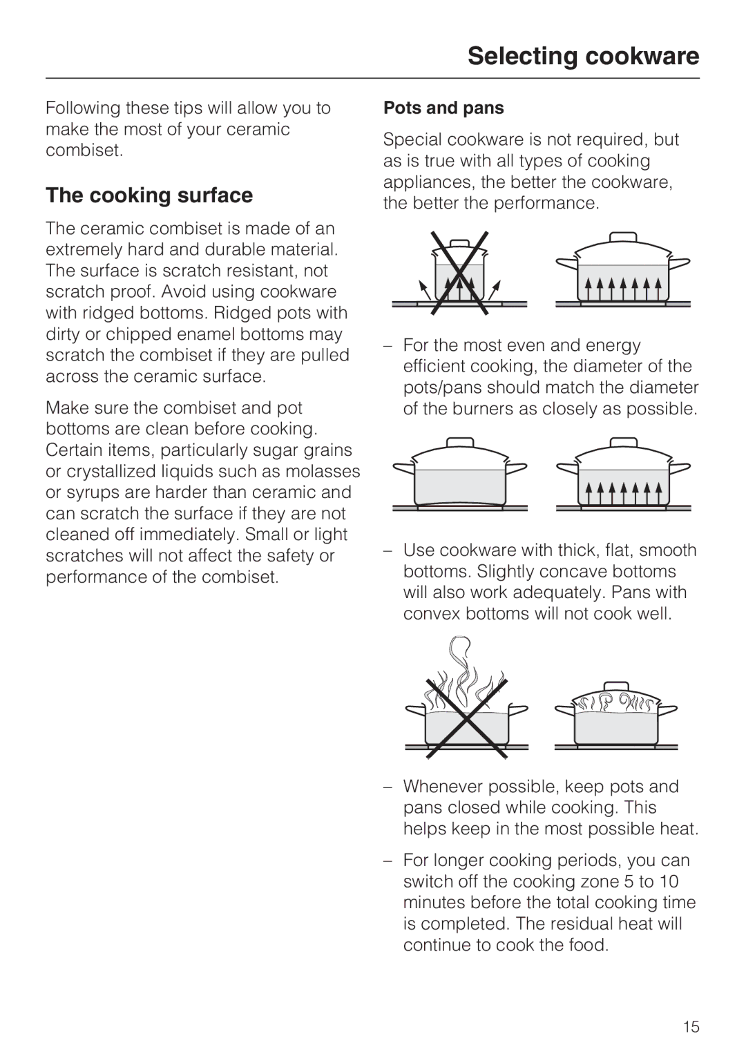 Miele CS 1112, CS 1122 installation instructions Selecting cookware, Cooking surface, Pots and pans 