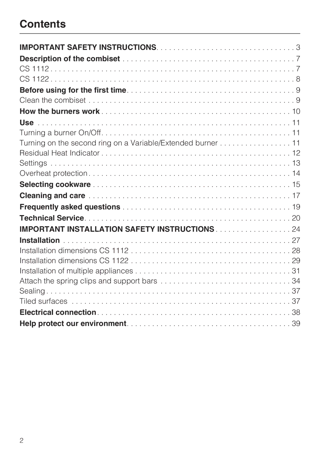 Miele CS 1122, CS 1112 installation instructions Contents 