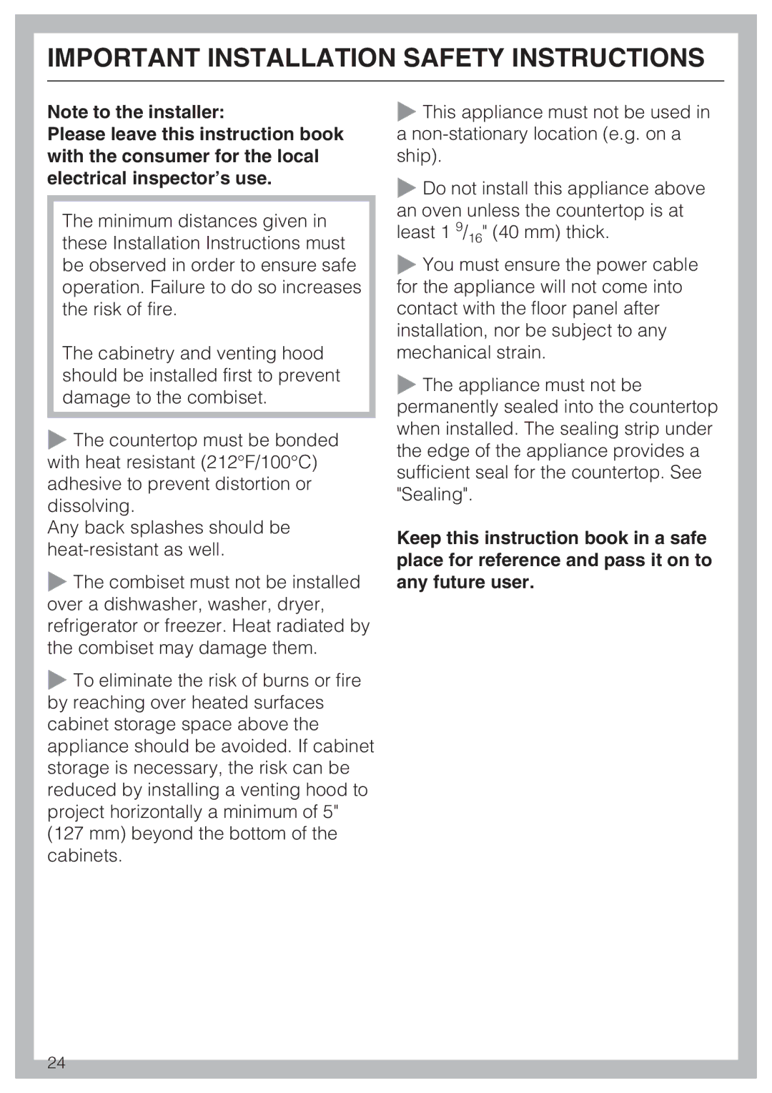 Miele CS 1122, CS 1112 installation instructions Important Installation Safety Instructions 