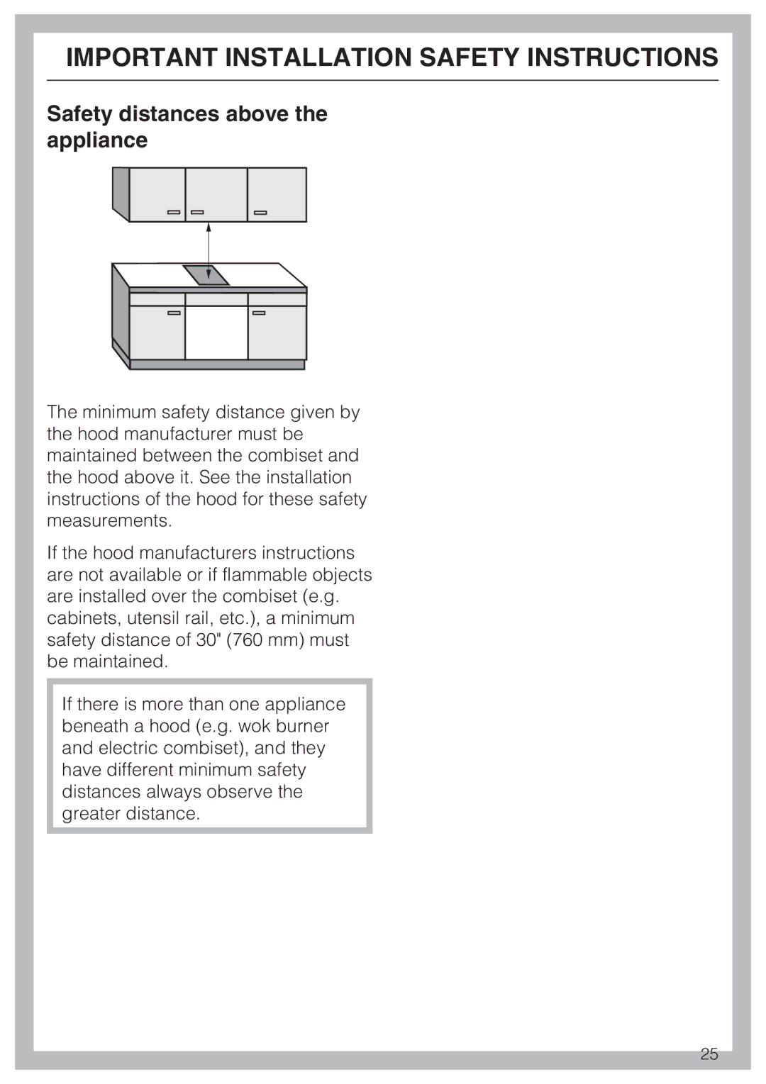 Miele CS 1112, CS 1122 installation instructions Safety distances above the appliance 