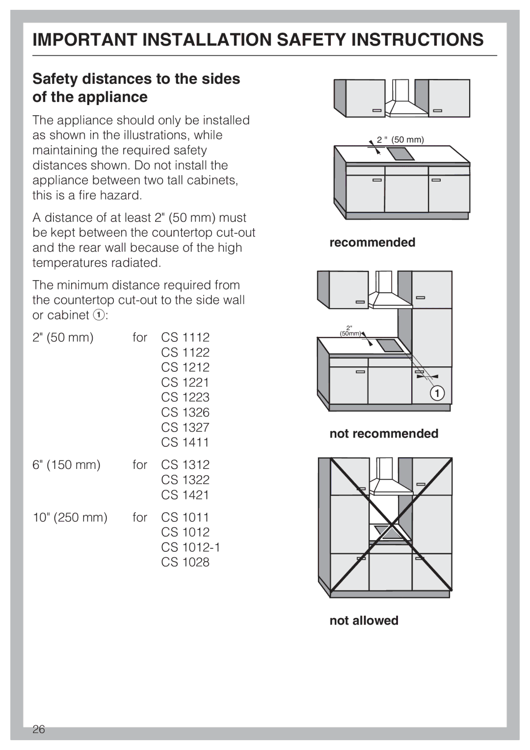 Miele CS 1122, CS 1112 Safety distances to the sides of the appliance, Recommended, Not recommended Not allowed 