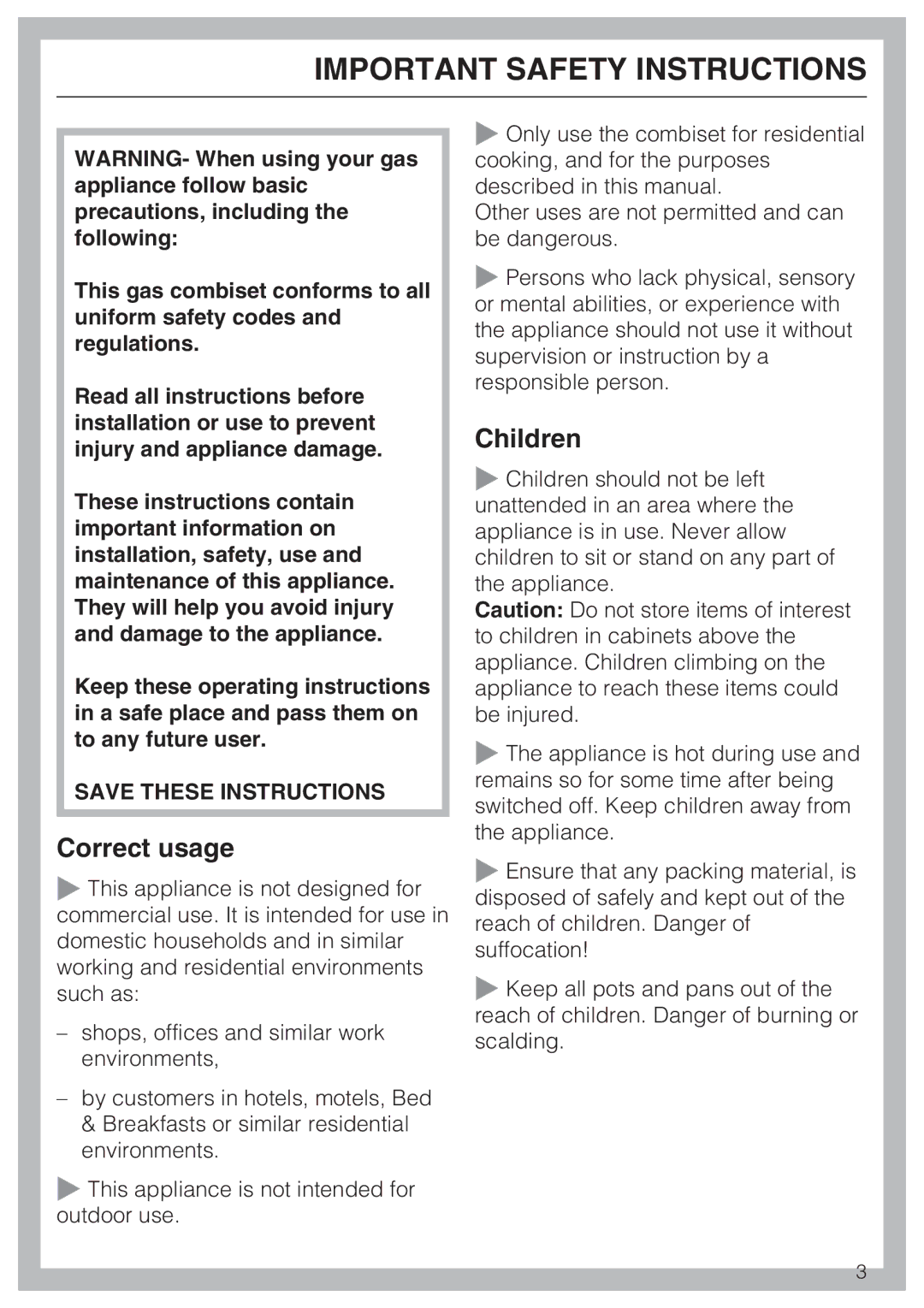 Miele CS 1112, CS 1122 installation instructions Correct usage, Children 