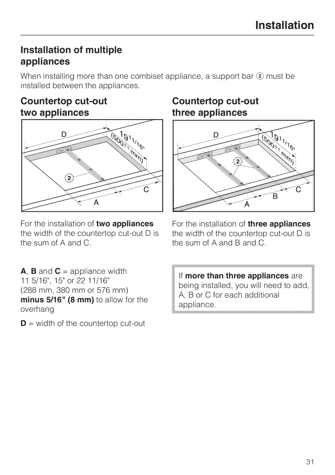 Miele CS 1112, CS 1122 installation instructions Installation of multiple appliances 