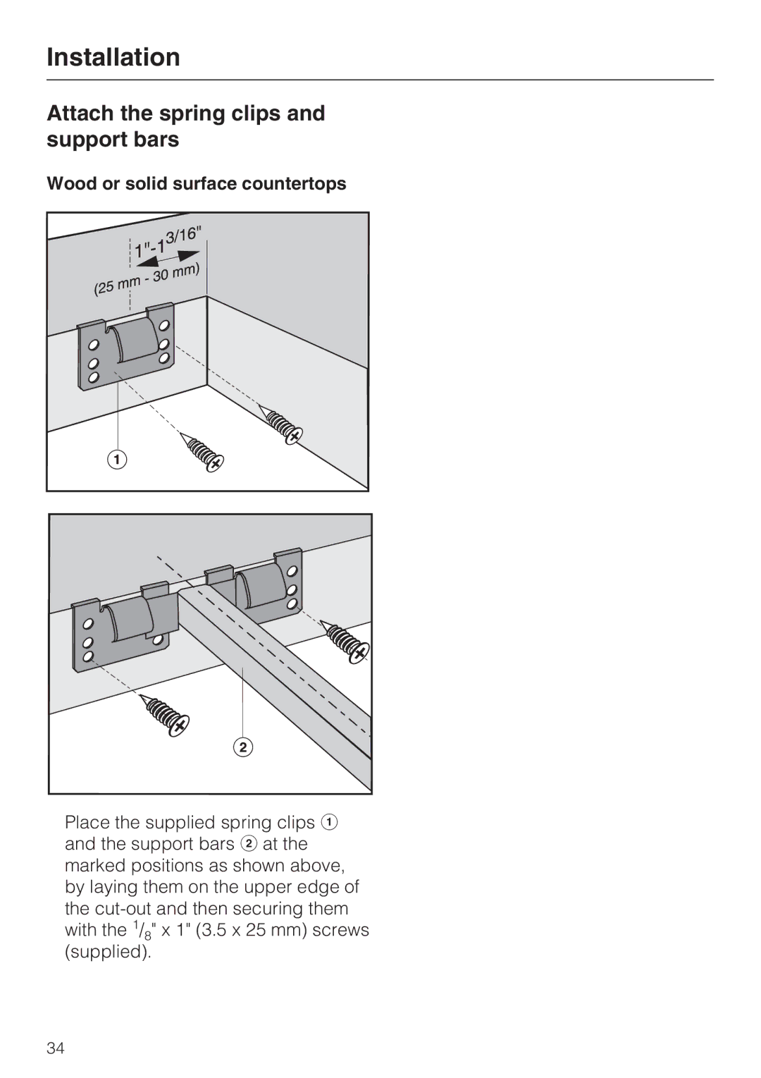 Miele CS 1122, CS 1112 installation instructions Attach the spring clips and support bars, Wood or solid surface countertops 