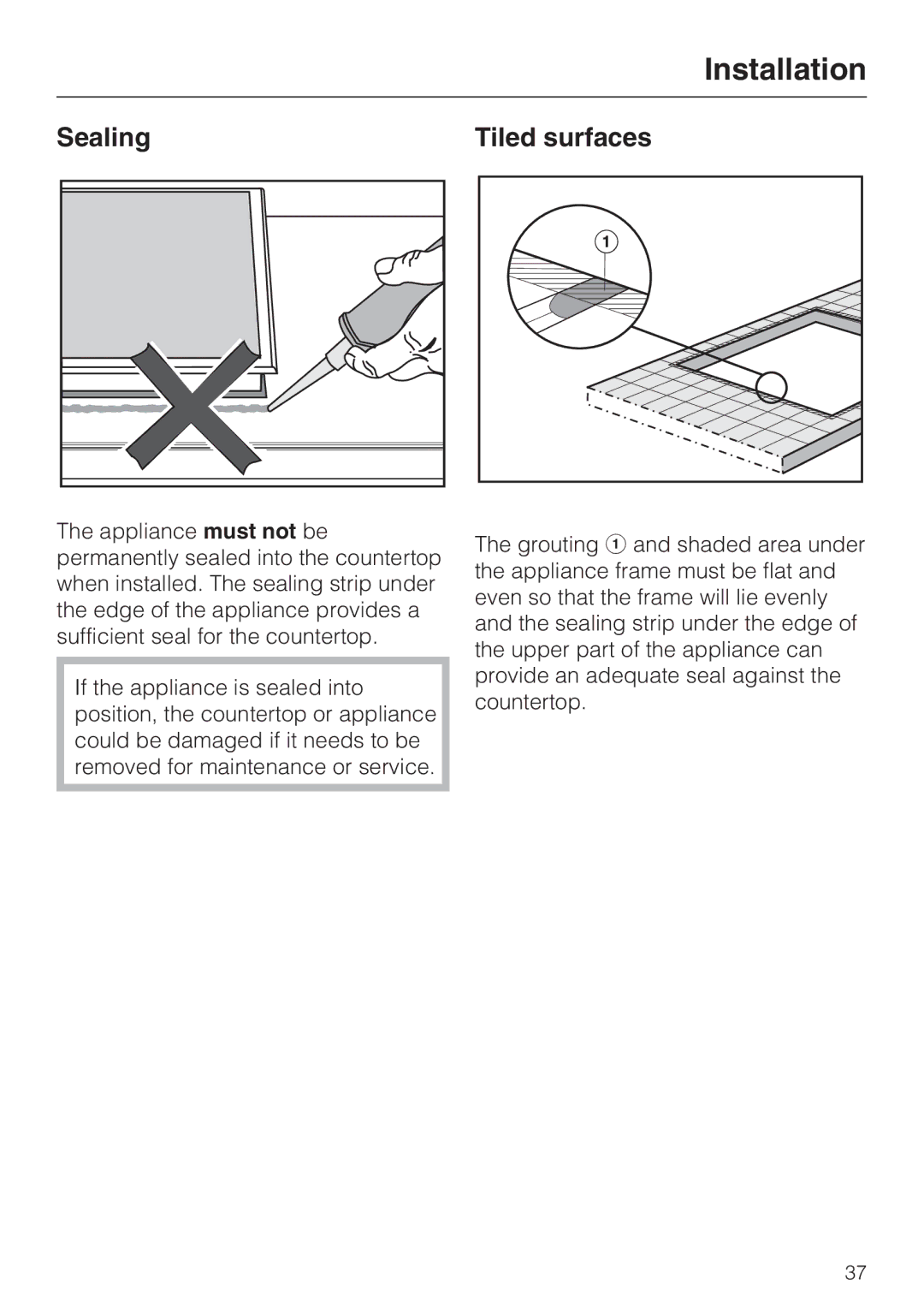 Miele CS 1112, CS 1122 installation instructions Sealing Tiled surfaces 