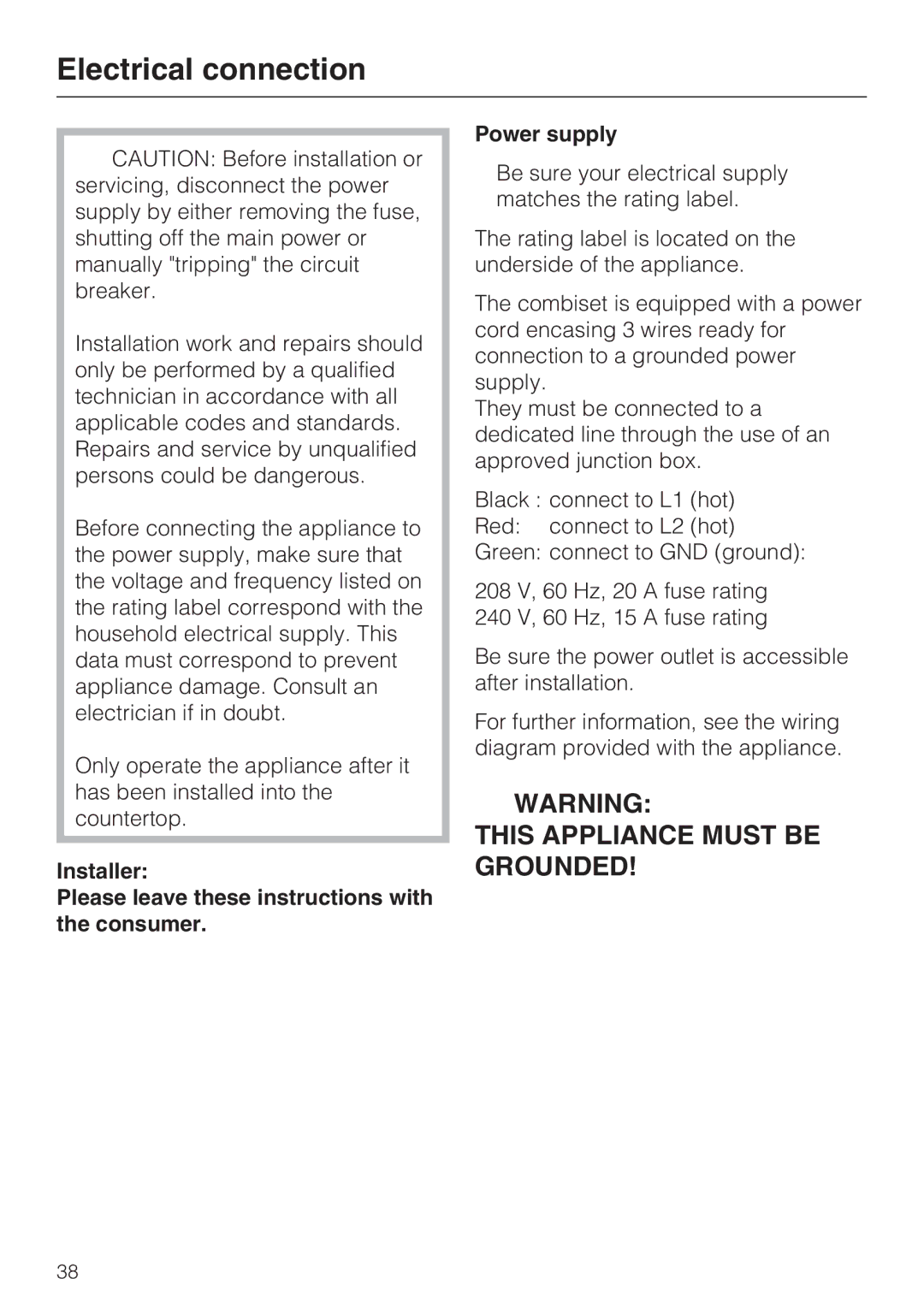 Miele CS 1122, CS 1112 installation instructions Electrical connection 