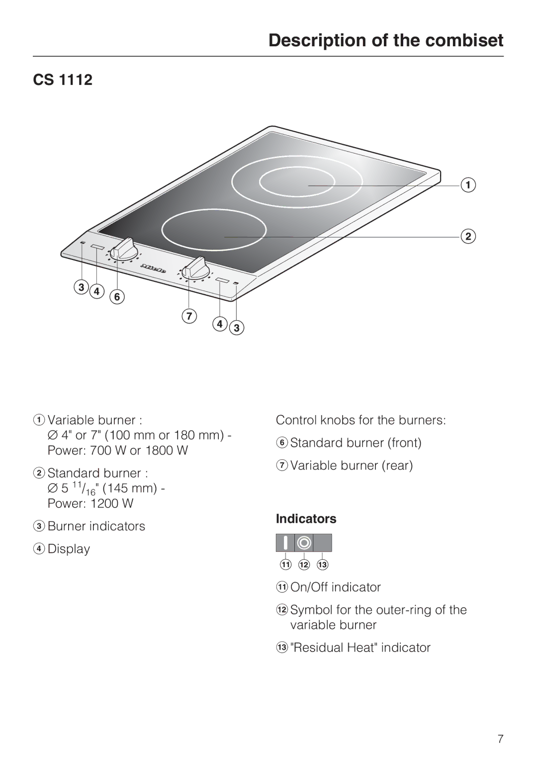 Miele CS 1112, CS 1122 installation instructions Description of the combiset, Indicators 