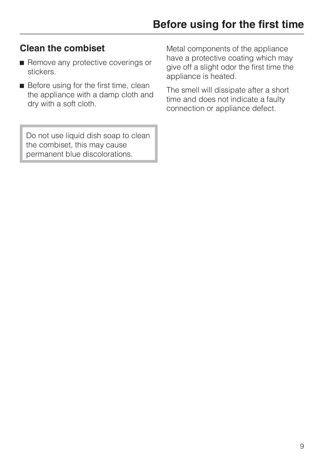 Miele CS 1112, CS 1122 installation instructions Before using for the first time, Clean the combiset 