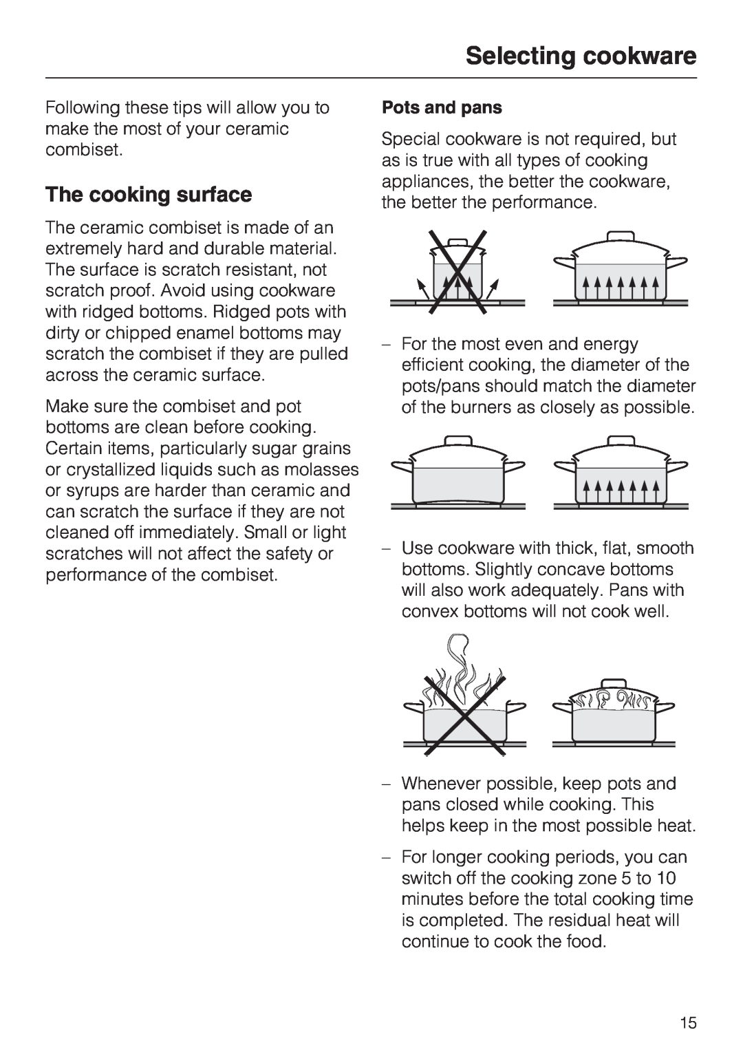 Miele CS 1112, CS 1122 installation instructions Selecting cookware, The cooking surface 