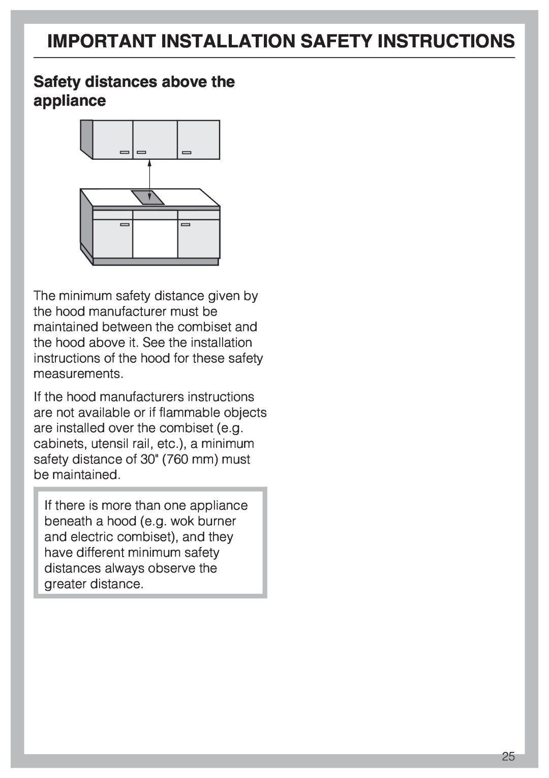 Miele CS 1112, CS 1122 Safety distances above the appliance, Important Installation Safety Instructions 