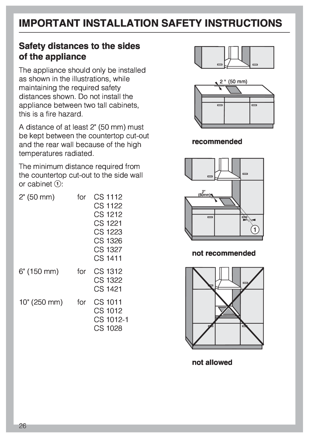 Miele CS 1122 Safety distances to the sides of the appliance, Important Installation Safety Instructions, recommended 