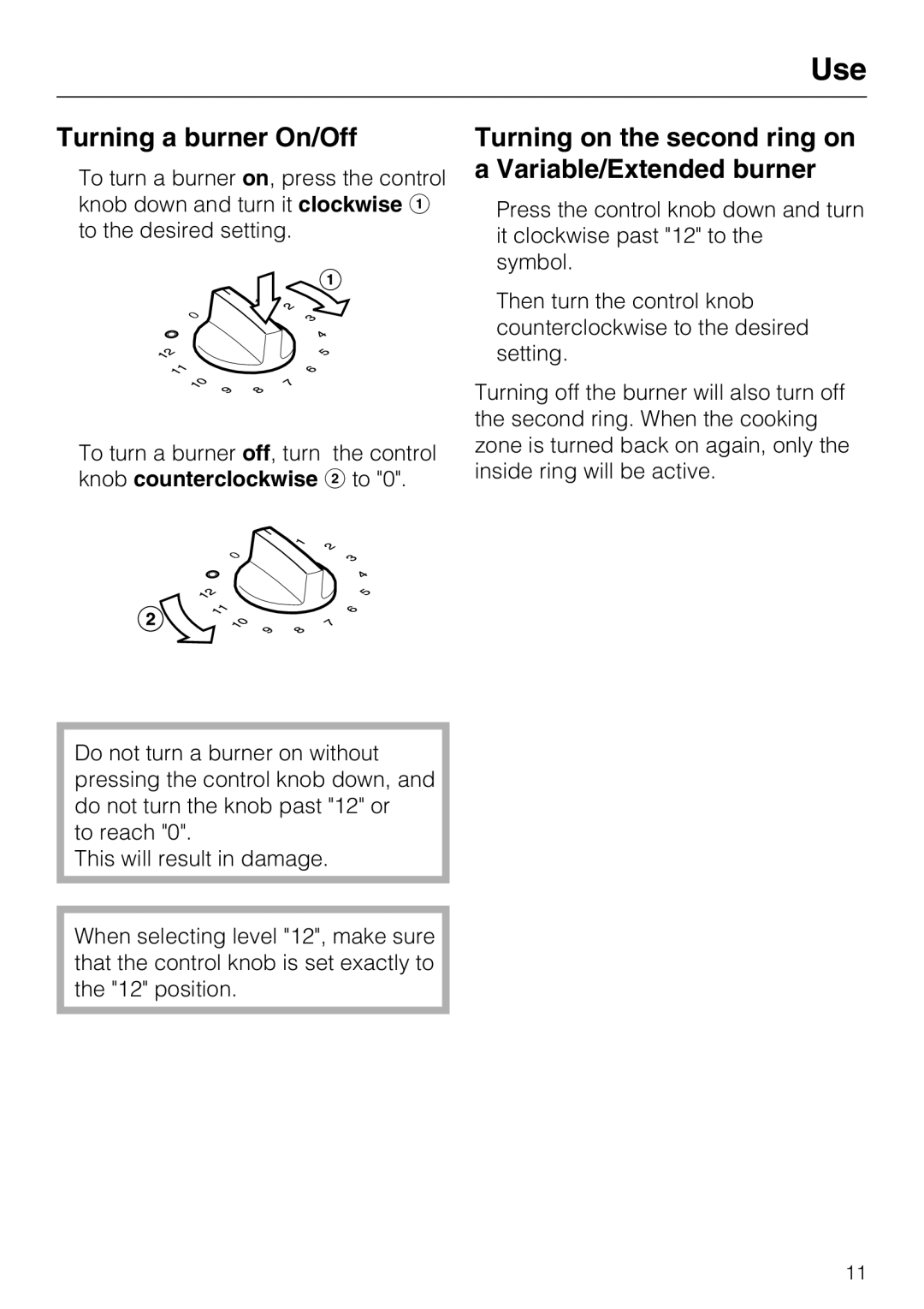 Miele CS1112, CS 1122 Use, Turning a burner On/Off, Turning on the second ring on a Variable/Extended burner 