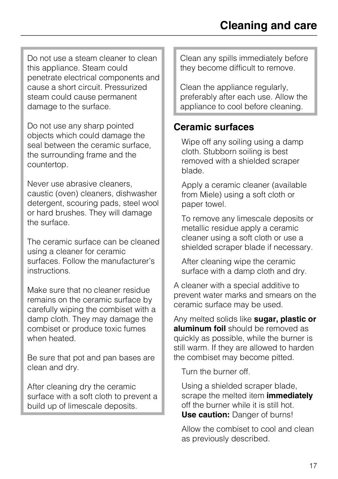 Miele CS1112, CS 1122 installation instructions Cleaning and care, Ceramic surfaces 