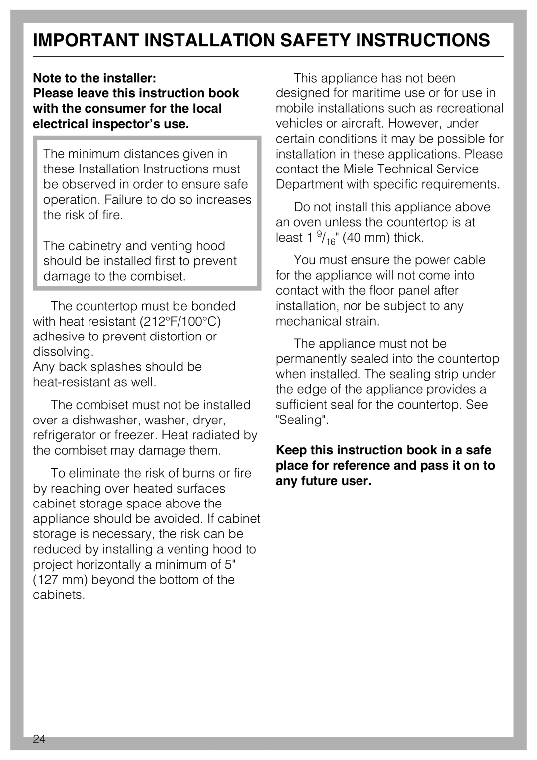 Miele CS 1122, CS1112 installation instructions Important Installation Safety Instructions 