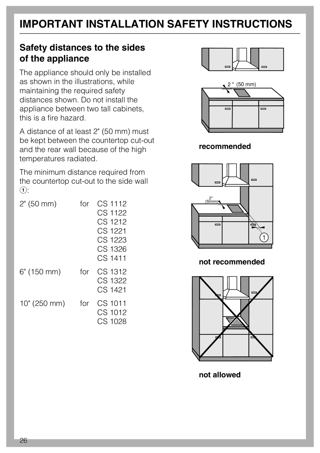 Miele CS 1122, CS1112 Safety distances to the sides of the appliance, Recommended, Not recommended Not allowed 