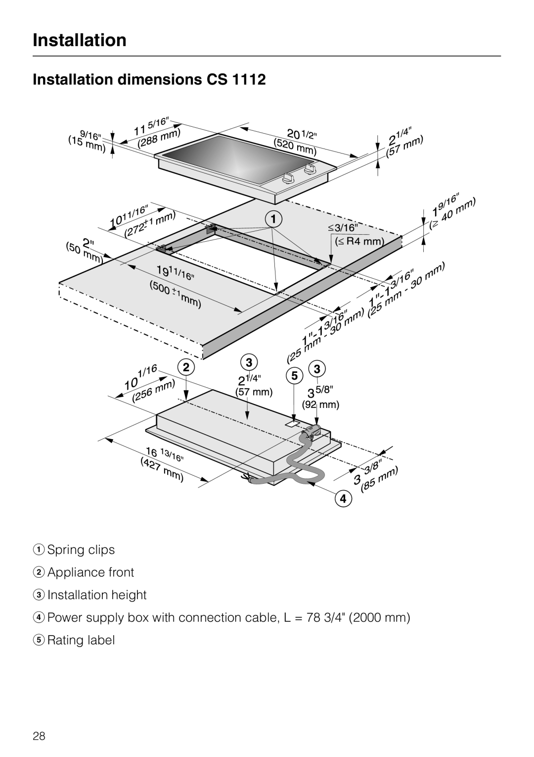 Miele CS 1122, CS1112 installation instructions Installation dimensions CS 