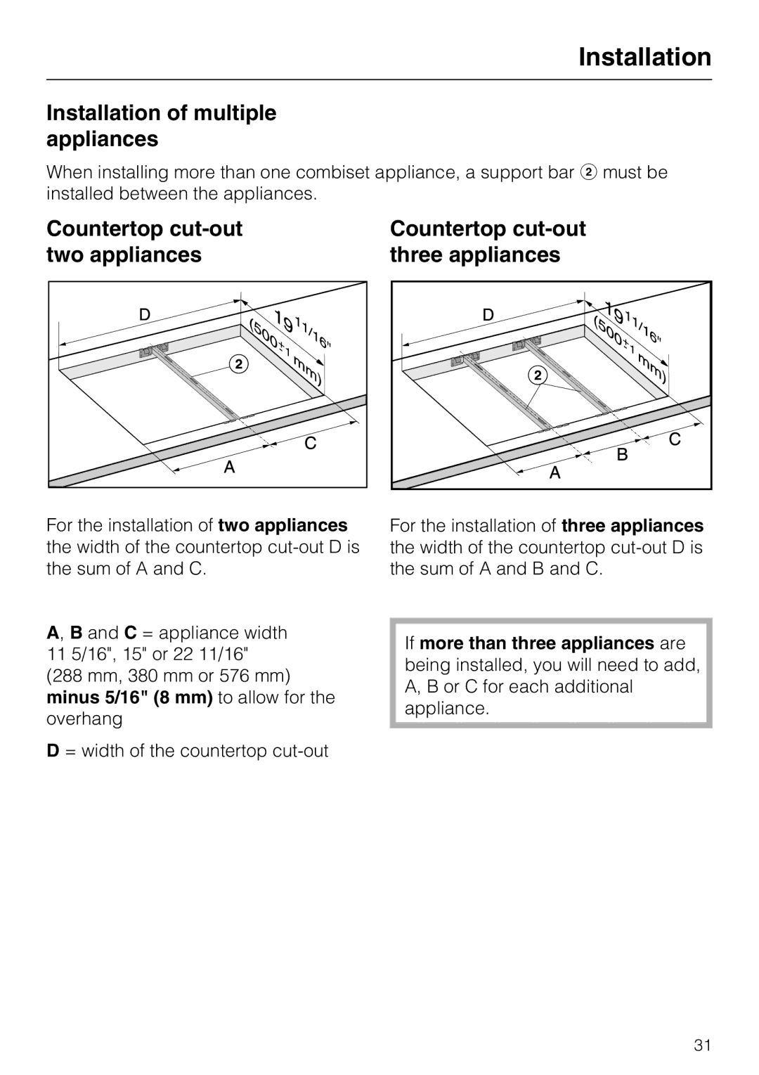 Miele CS1112, CS 1122 installation instructions Installation of multiple appliances 