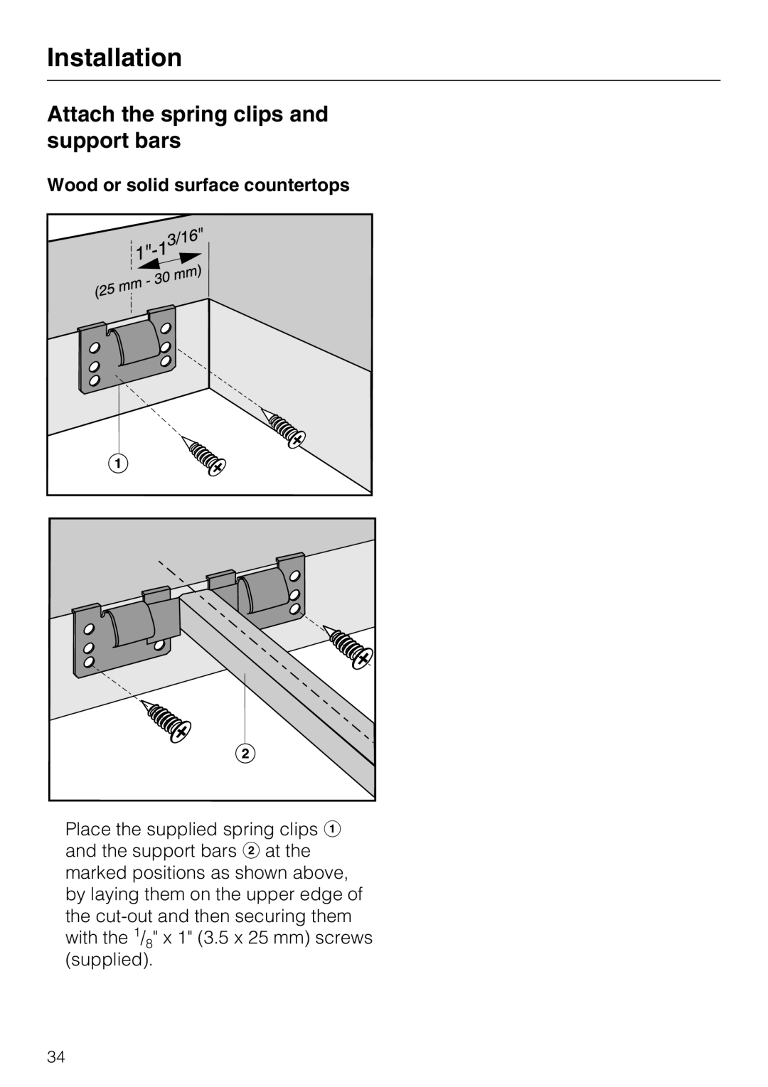 Miele CS 1122, CS1112 installation instructions Attach the spring clips and support bars, Wood or solid surface countertops 