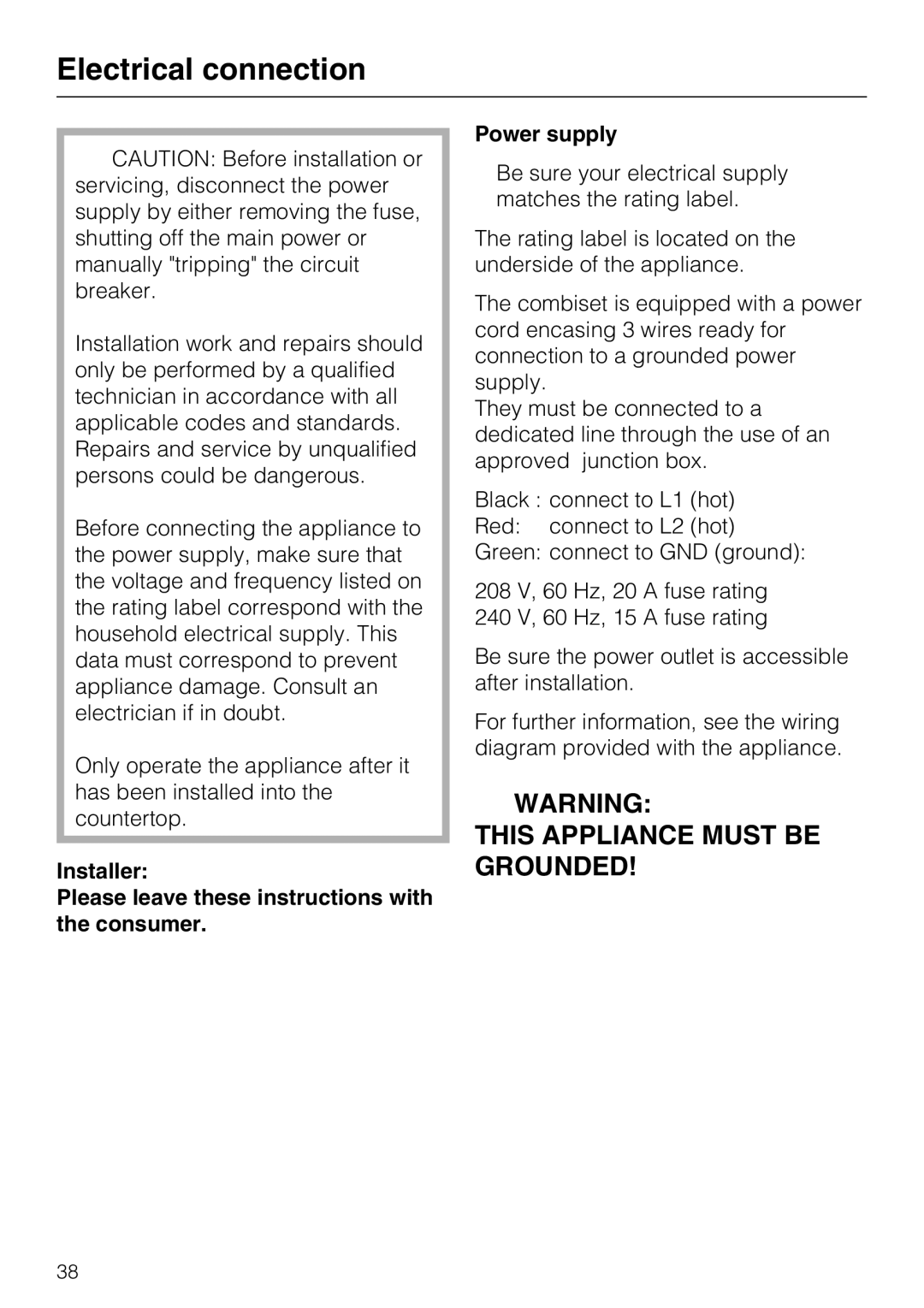 Miele CS 1122, CS1112 installation instructions Electrical connection 