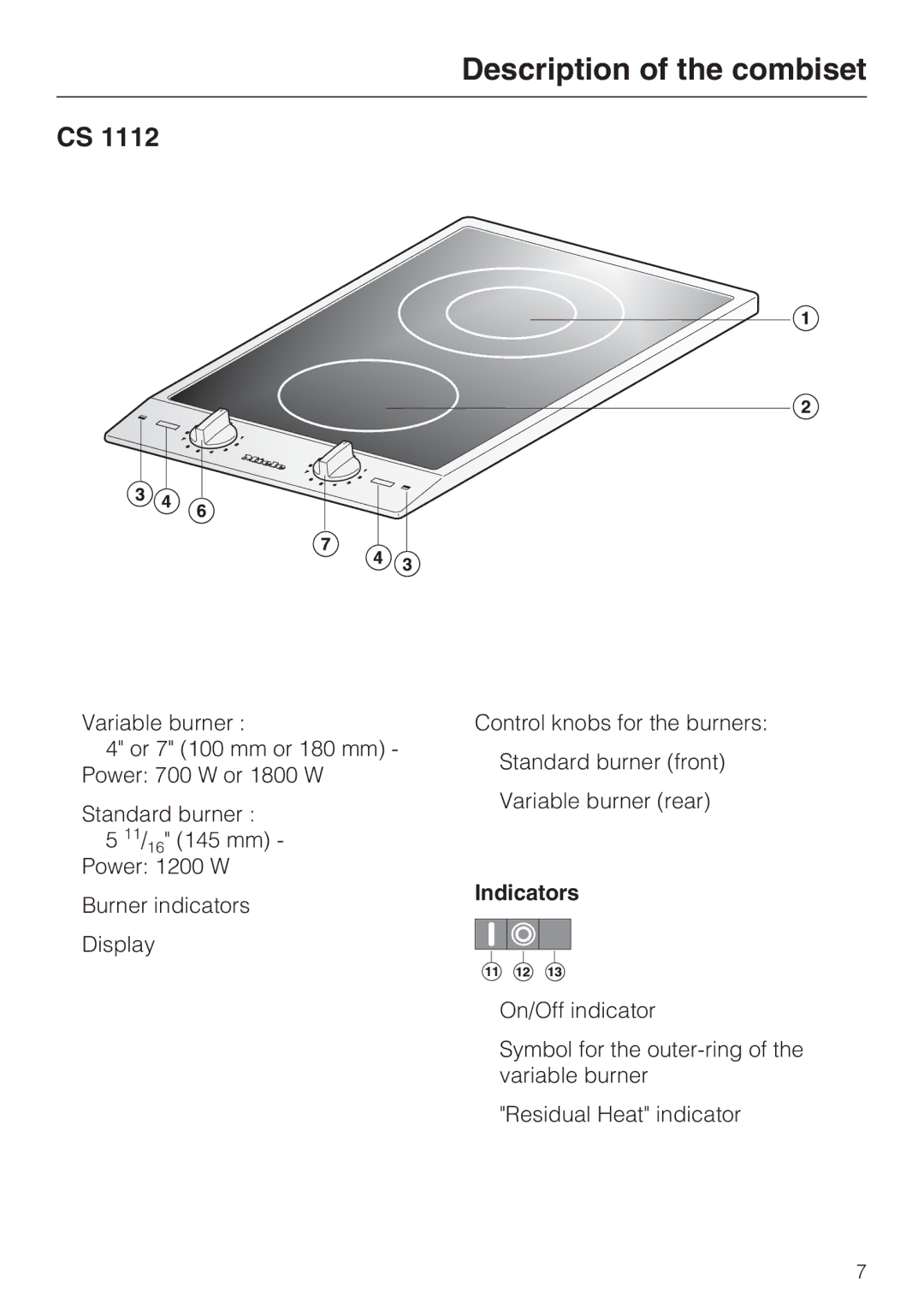 Miele CS1112, CS 1122 installation instructions Description of the combiset, Indicators 