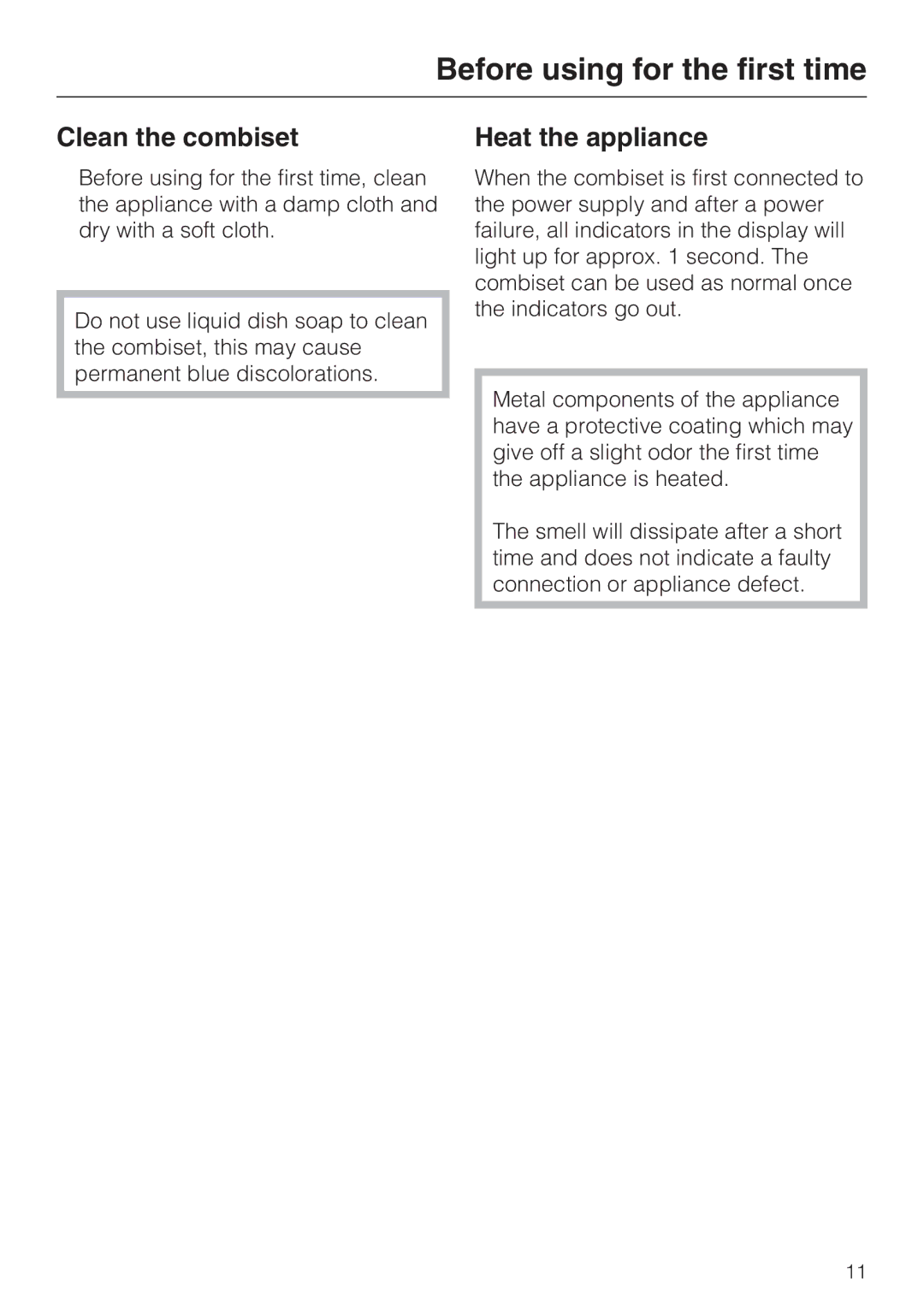 Miele CS 1221 installation instructions Before using for the first time, Clean the combiset, Heat the appliance 