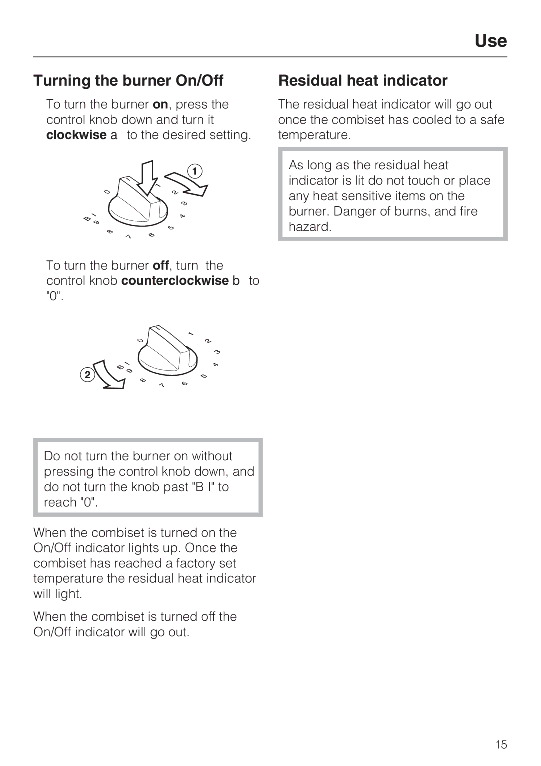 Miele CS 1221 installation instructions Use, Turning the burner On/Off, Residual heat indicator 