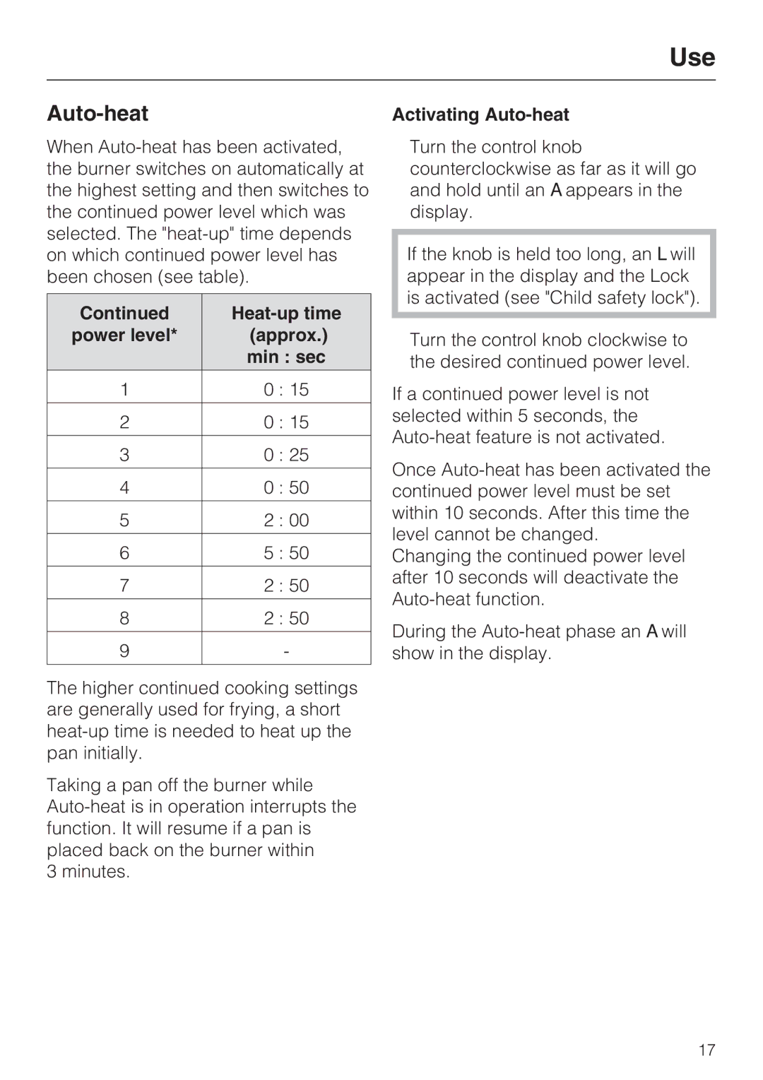 Miele CS 1221 installation instructions Heat-up time, Approx, Min sec, Activating Auto-heat 