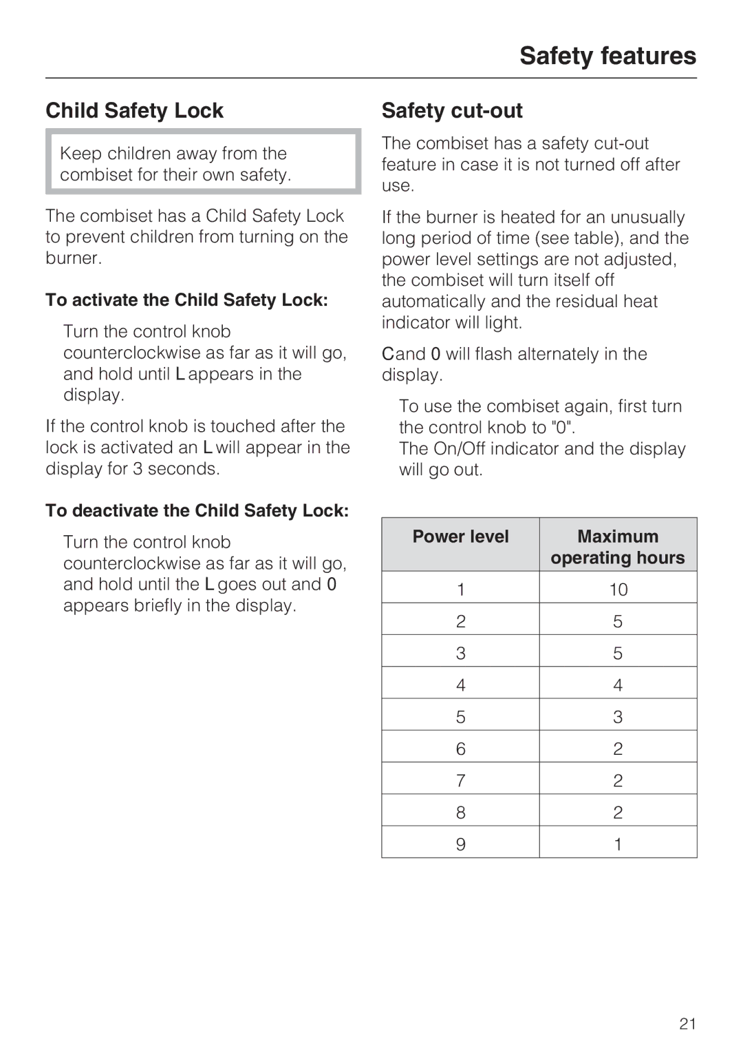 Miele CS 1221 installation instructions Safety features, Child Safety Lock, Safety cut-out 