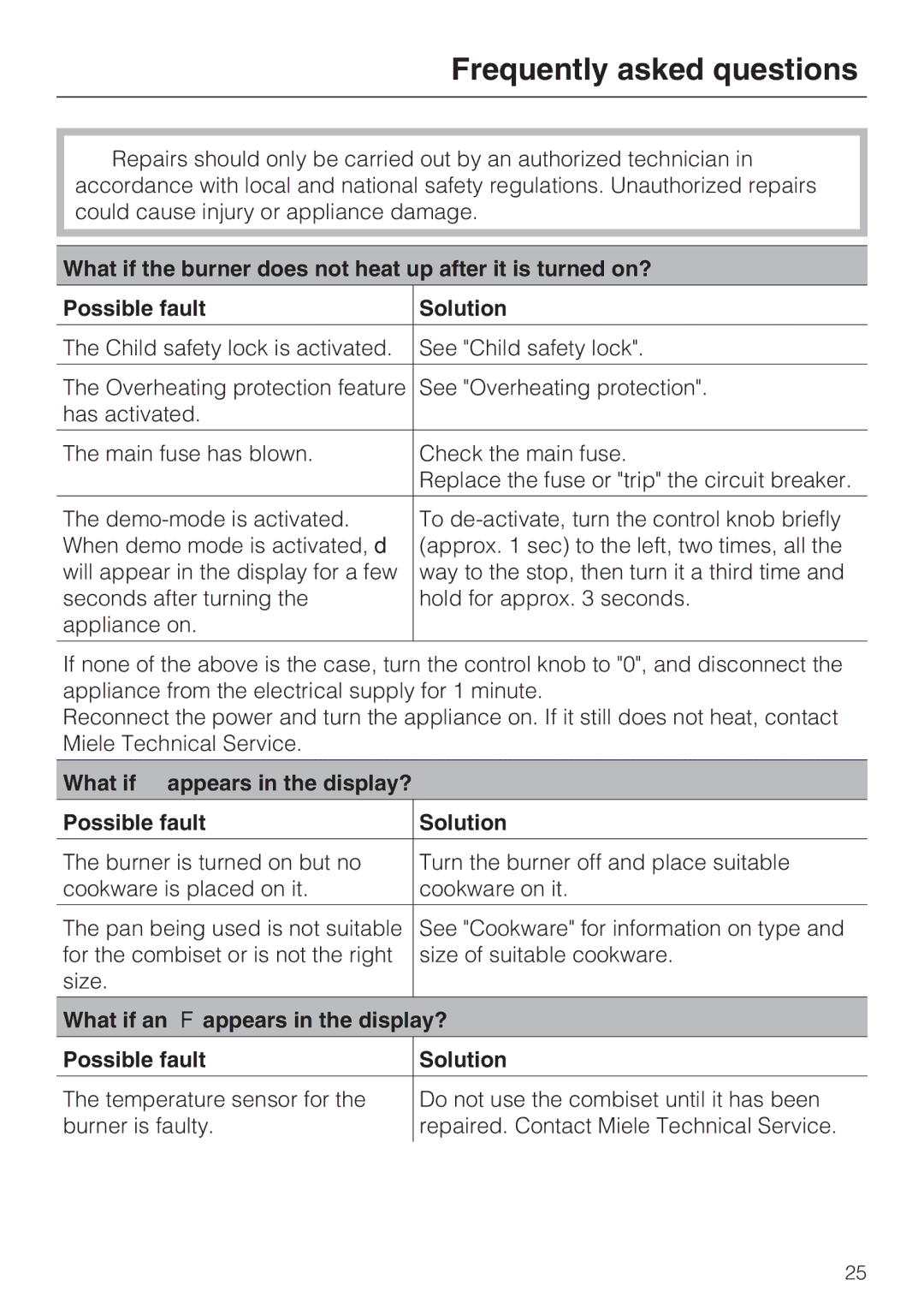 Miele CS 1221 Frequently asked questions, What if ß appears in the display? Possible fault Solution 