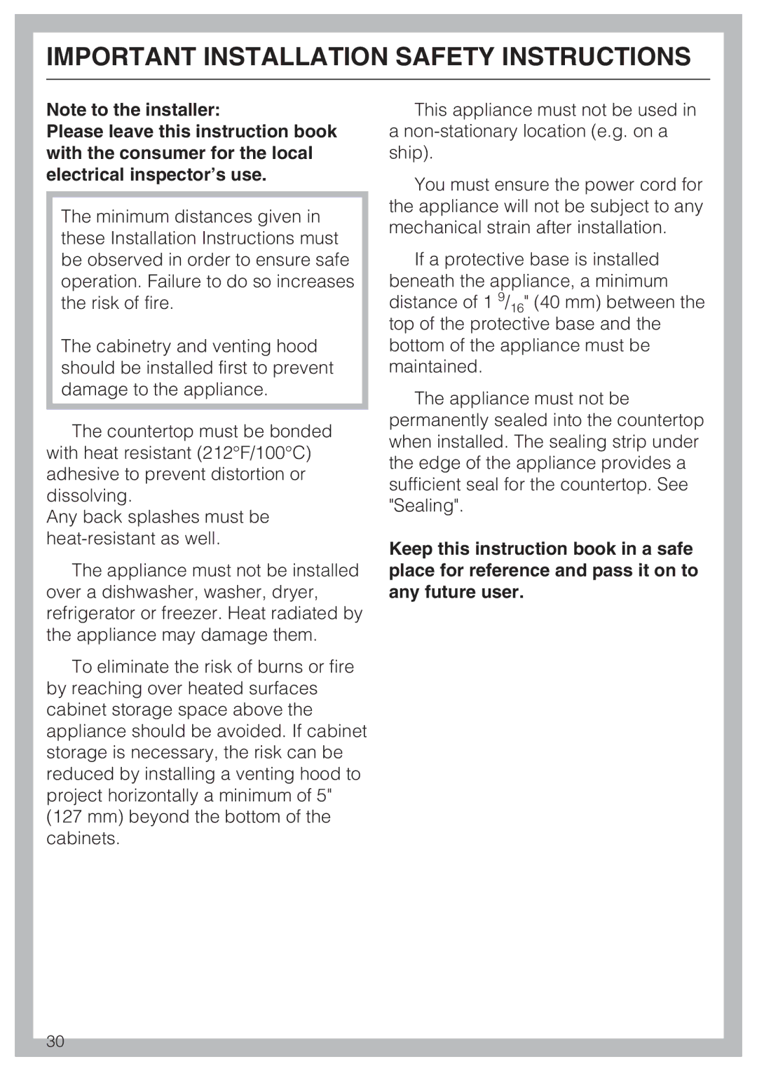 Miele CS 1221 installation instructions Important Installation Safety Instructions 