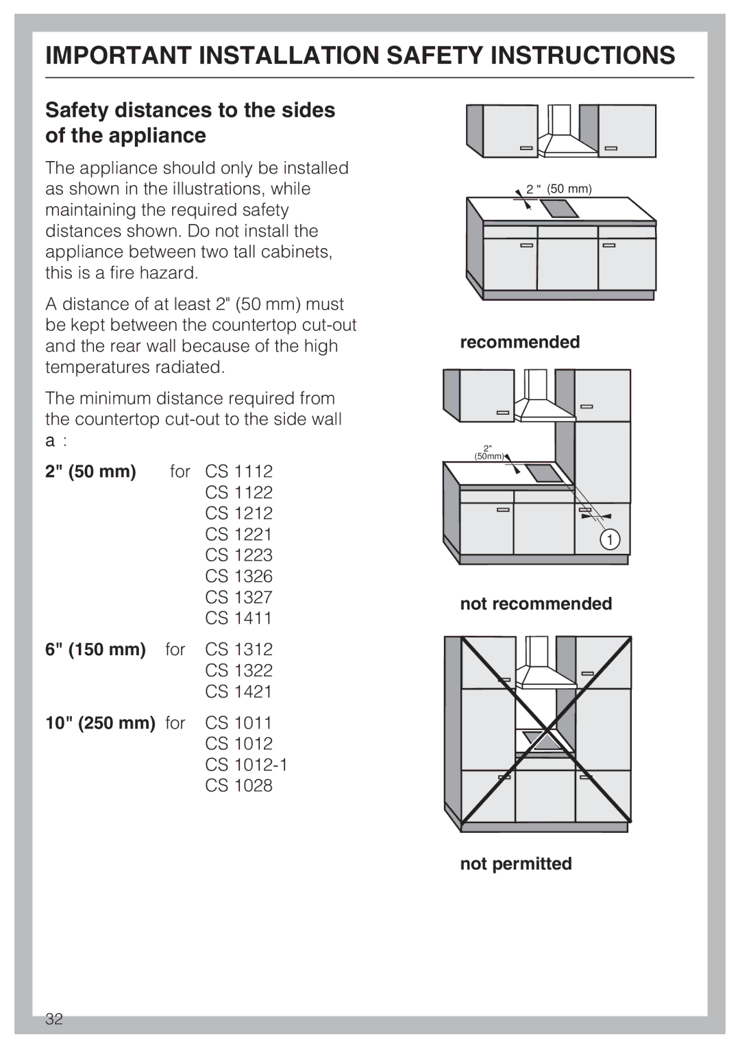 Miele CS 1221 installation instructions Safety distances to the sides of the appliance 