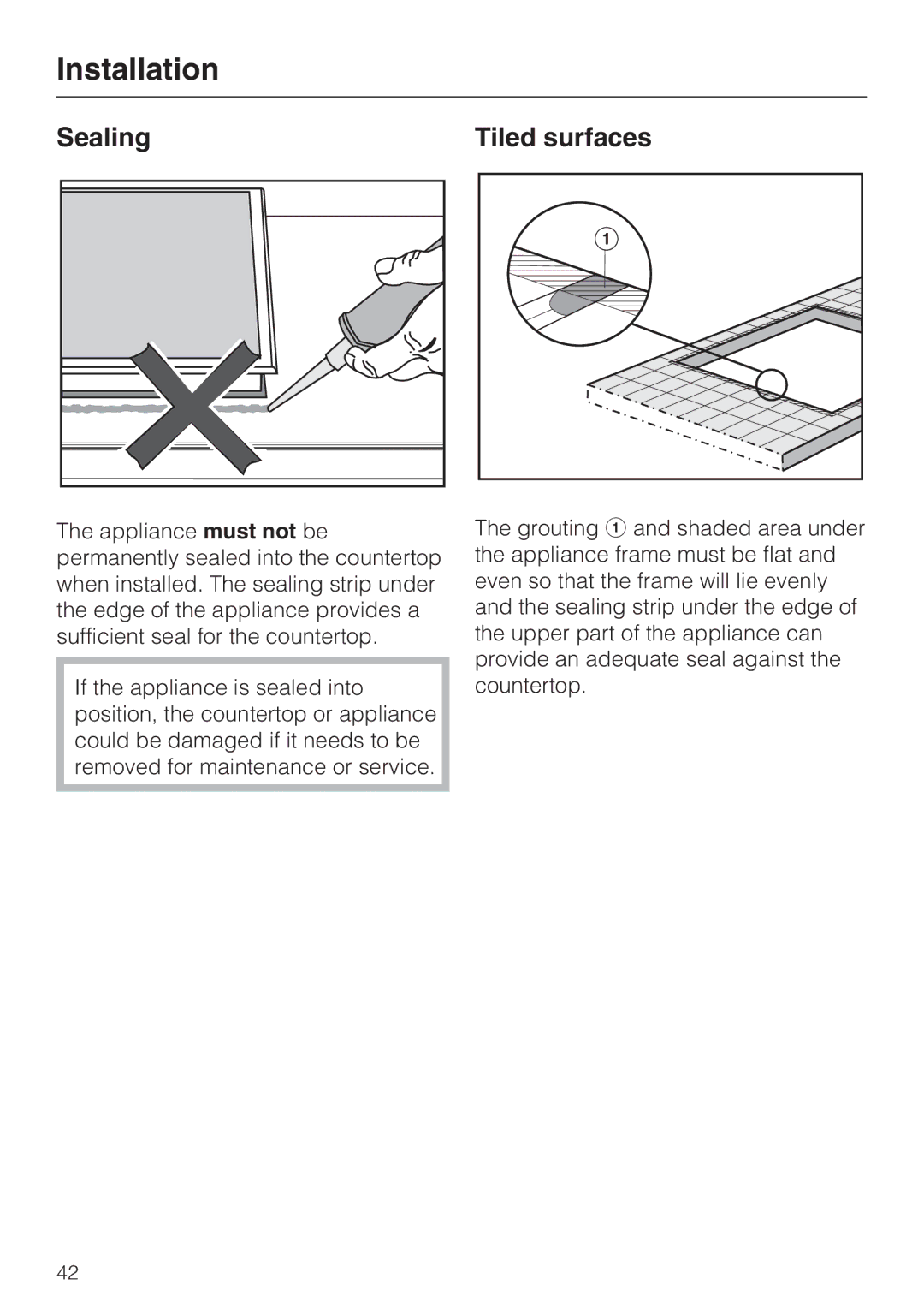 Miele CS 1221 installation instructions Sealing Tiled surfaces 