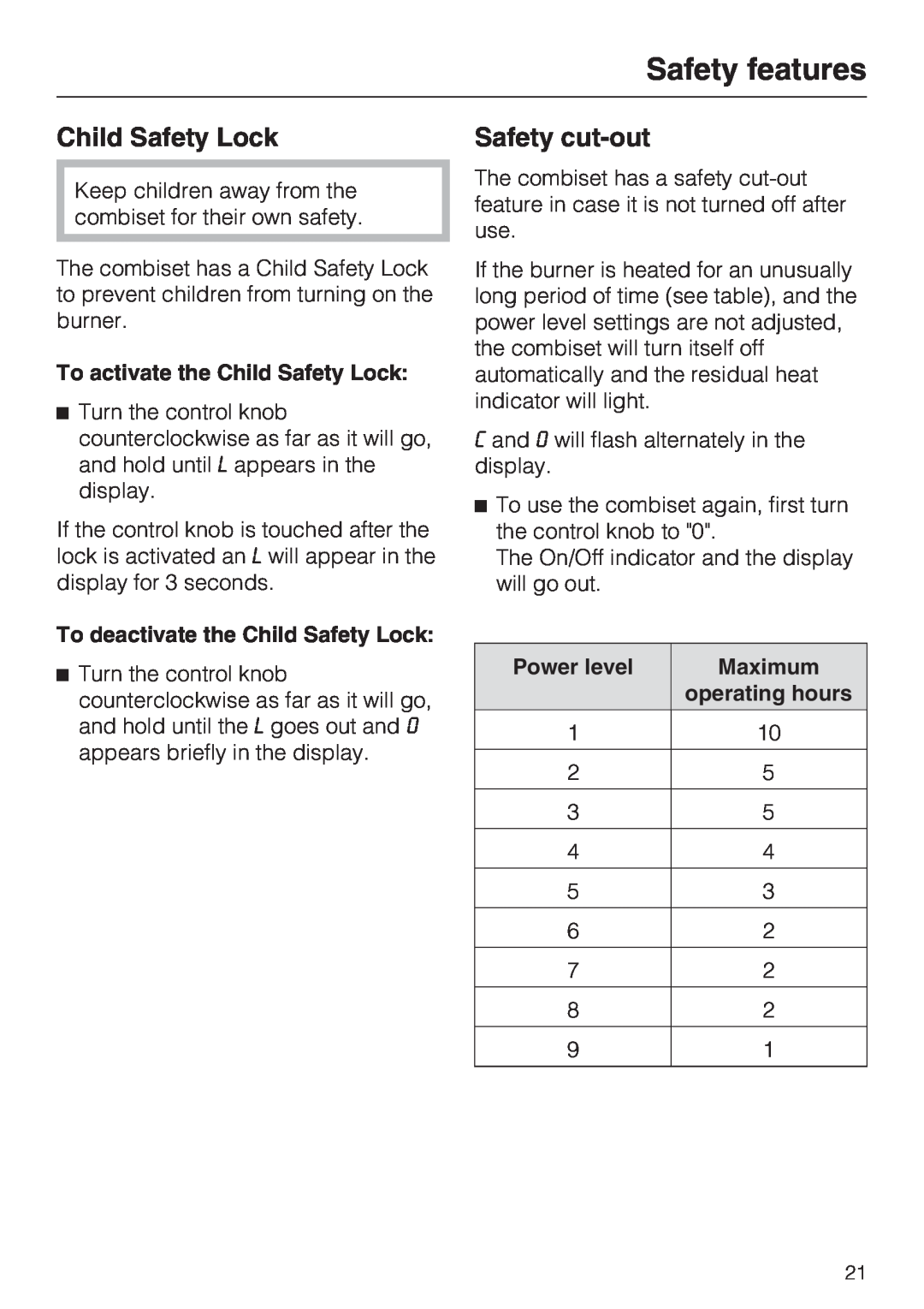 Miele CS 1221 installation instructions Safety features, Child Safety Lock, Safety cut-out 