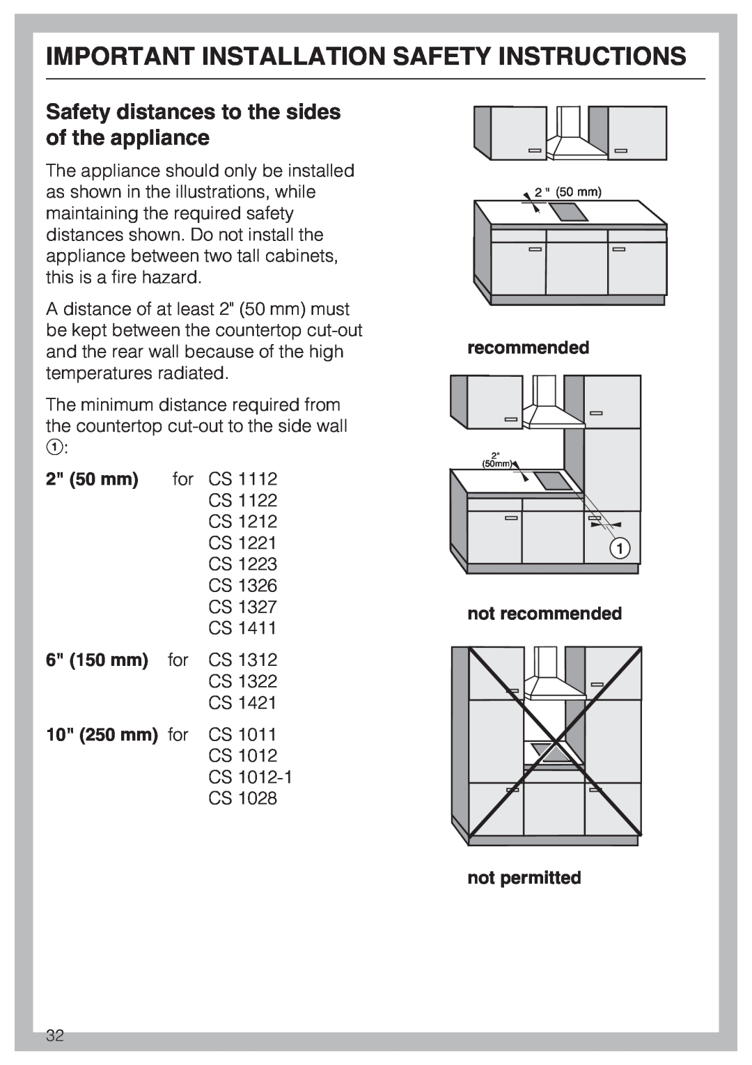 Miele CS 1221 Safety distances to the sides of the appliance, Important Installation Safety Instructions, 2 50 mm 