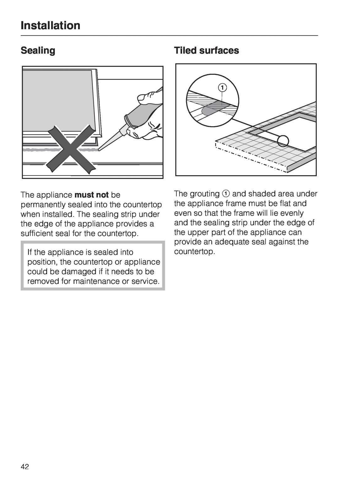 Miele CS 1221 installation instructions Sealing, Tiled surfaces, Installation 