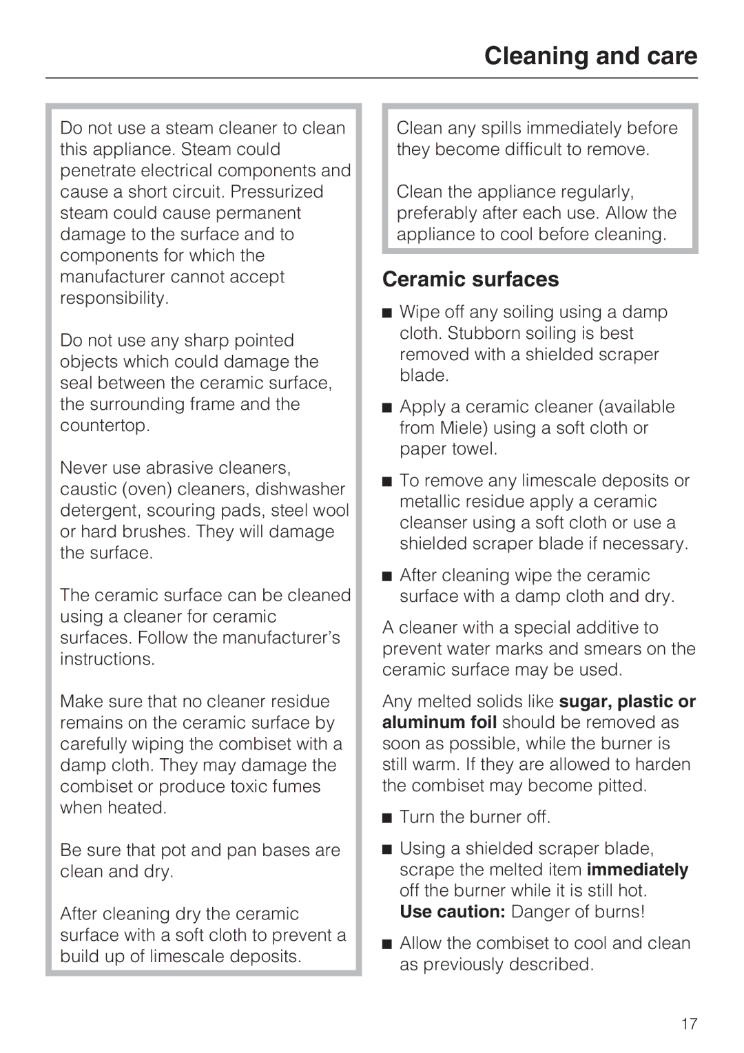 Miele CS 1223 installation instructions Cleaning and care, Ceramic surfaces 