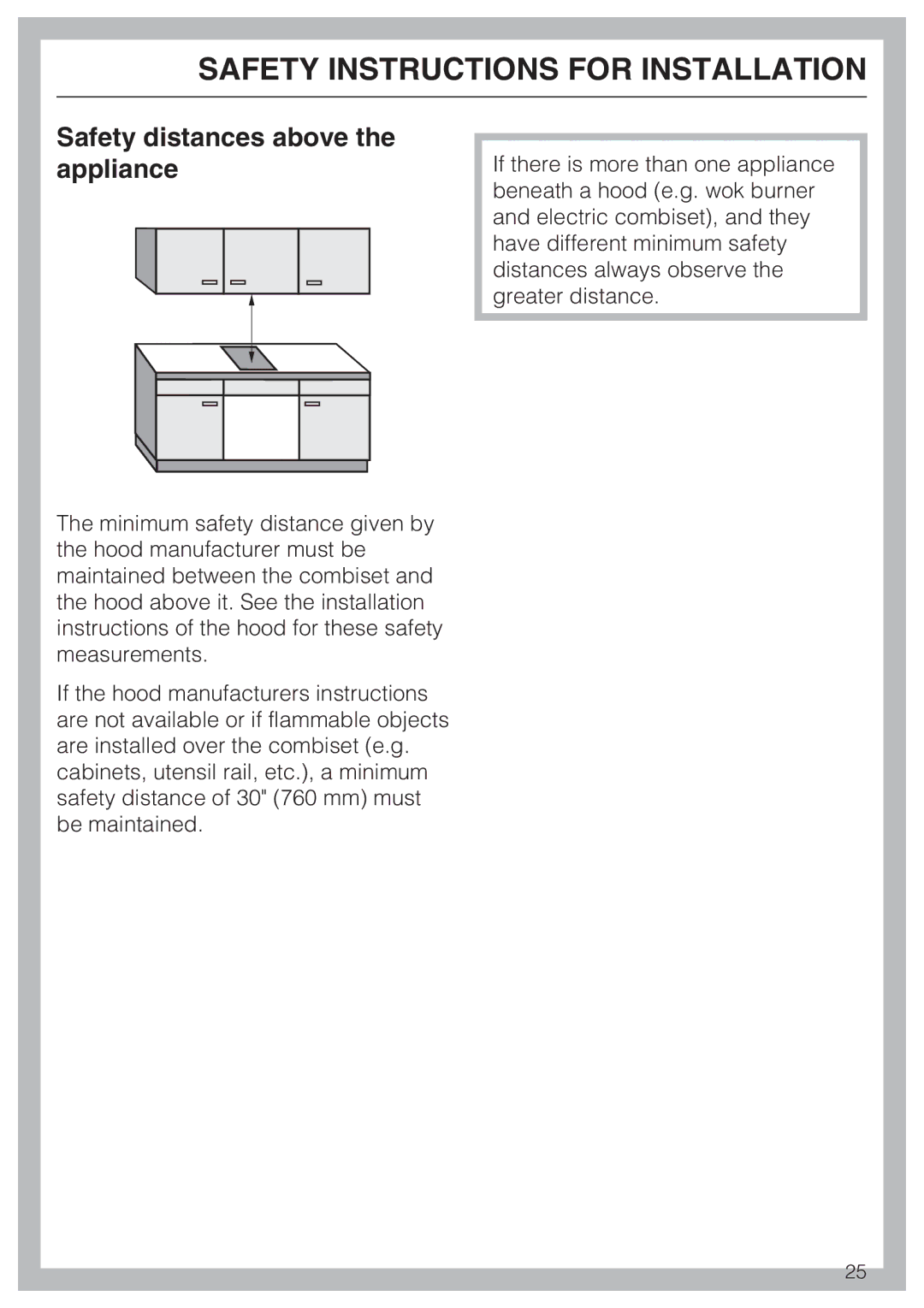 Miele CS 1223 installation instructions Safety distances above the appliance 