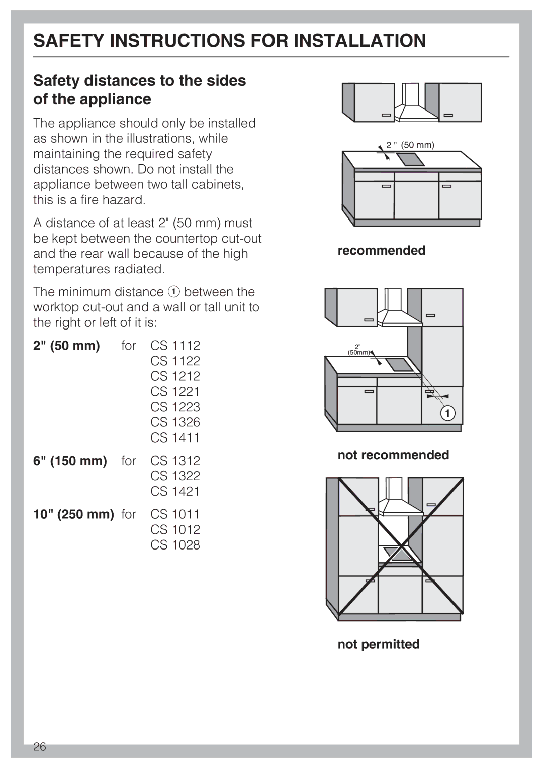 Miele CS 1223 installation instructions Safety distances to the sides of the appliance 