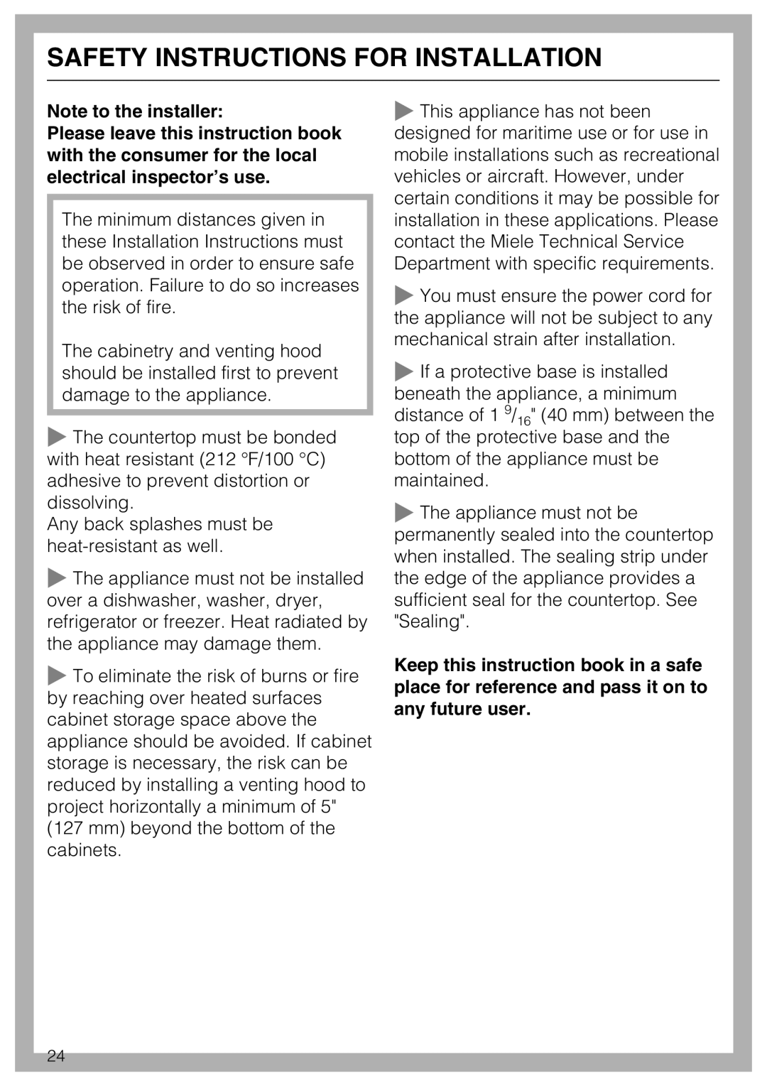 Miele CS 1223 installation instructions Safety Instructions For Installation 