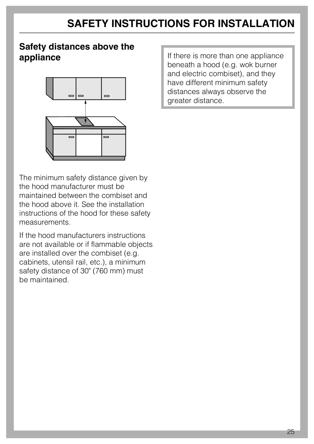Miele CS 1223 installation instructions Safety distances above the appliance, Safety Instructions For Installation 