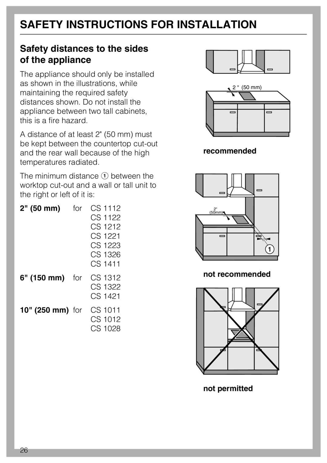 Miele CS 1223 Safety distances to the sides of the appliance, Safety Instructions For Installation, 2 50 mm, 6 150 mm 