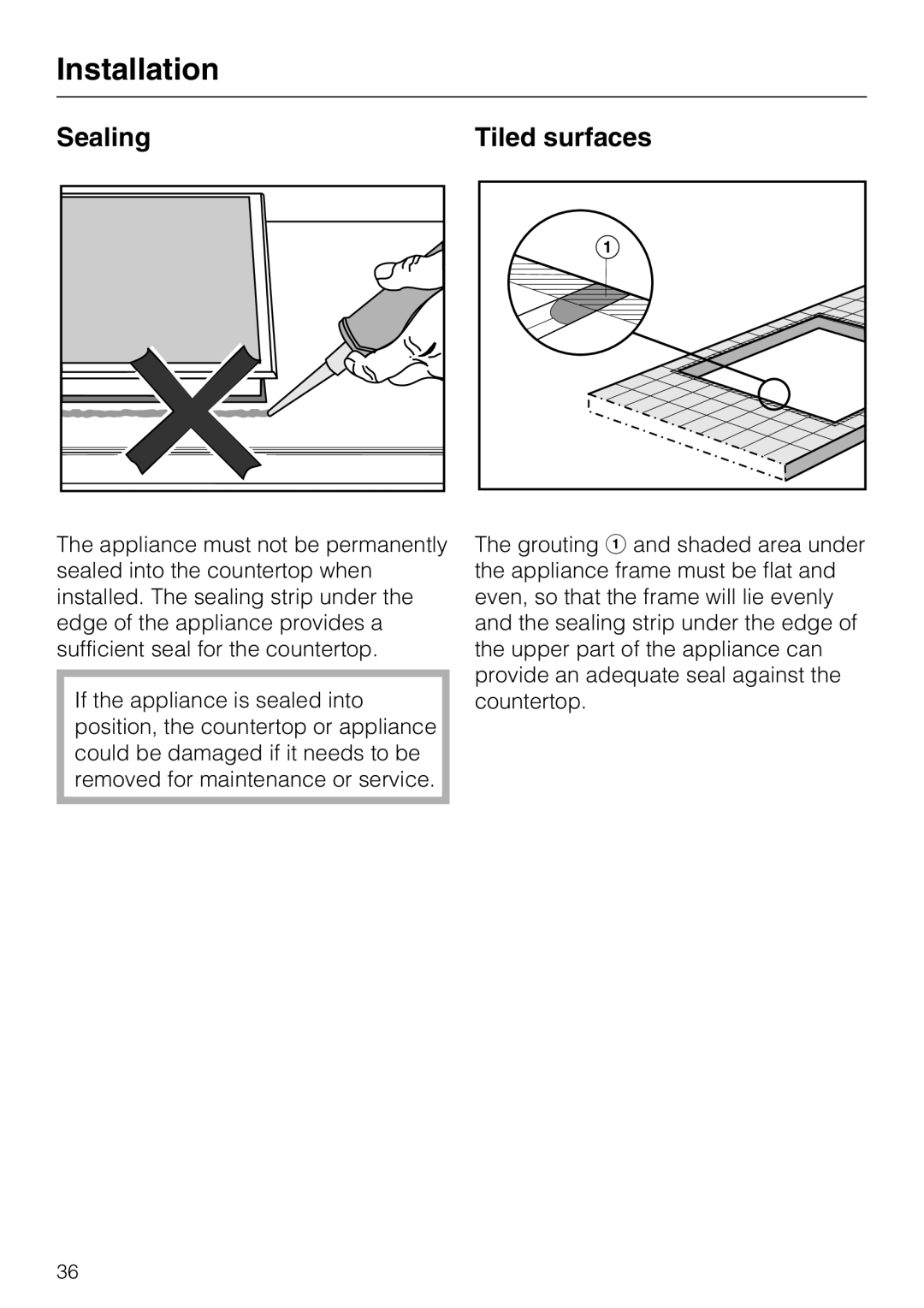 Miele CS 1223 installation instructions Sealing, Tiled surfaces, Installation 