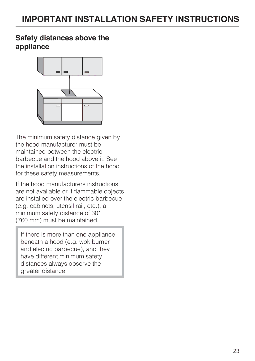 Miele CS-1312, CS-1322 installation instructions Safety distances above the appliance 