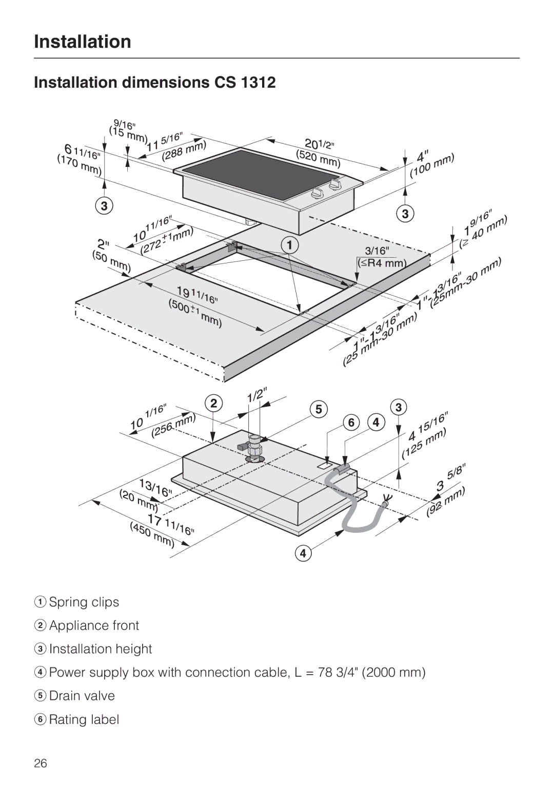 Miele CS-1322, CS-1312 installation instructions Installation dimensions CS 