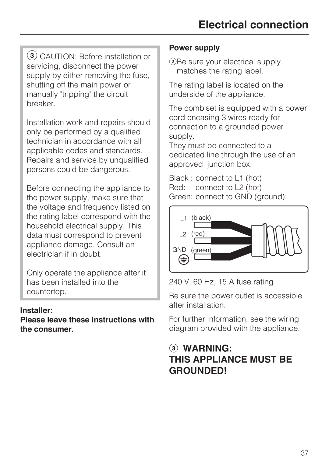 Miele CS-1312, CS-1322 installation instructions Electrical connection 