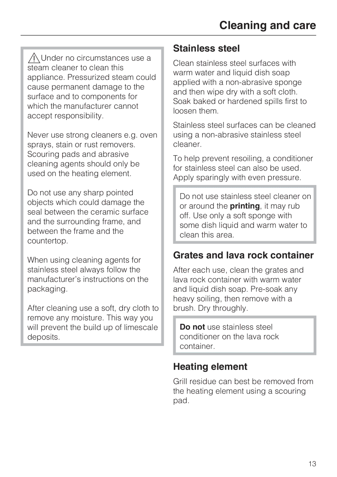 Miele CS 1322 installation instructions Cleaning and care, Stainless steel, Grates and lava rock container, Heating element 