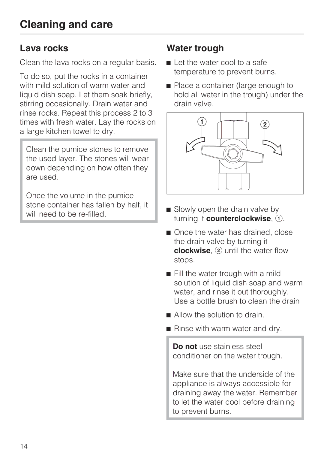 Miele CS 1322 installation instructions Lava rocks, Water trough 