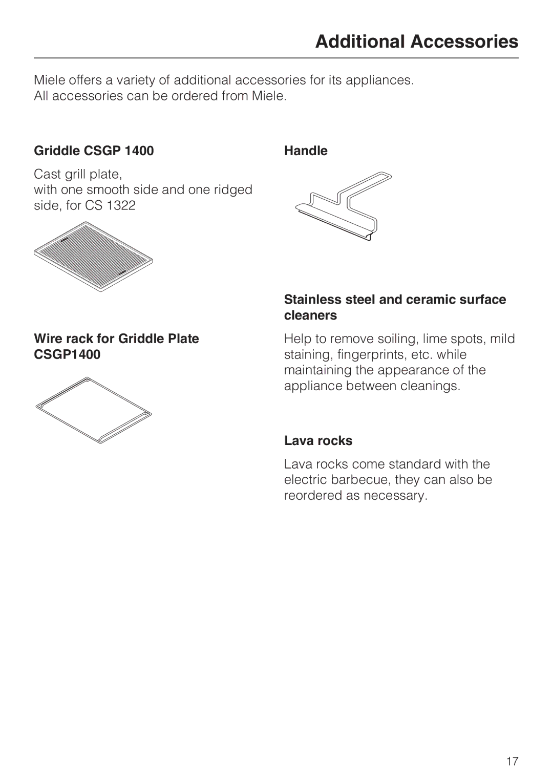 Miele CS 1322 installation instructions Additional Accessories, Griddle Csgp, Lava rocks 