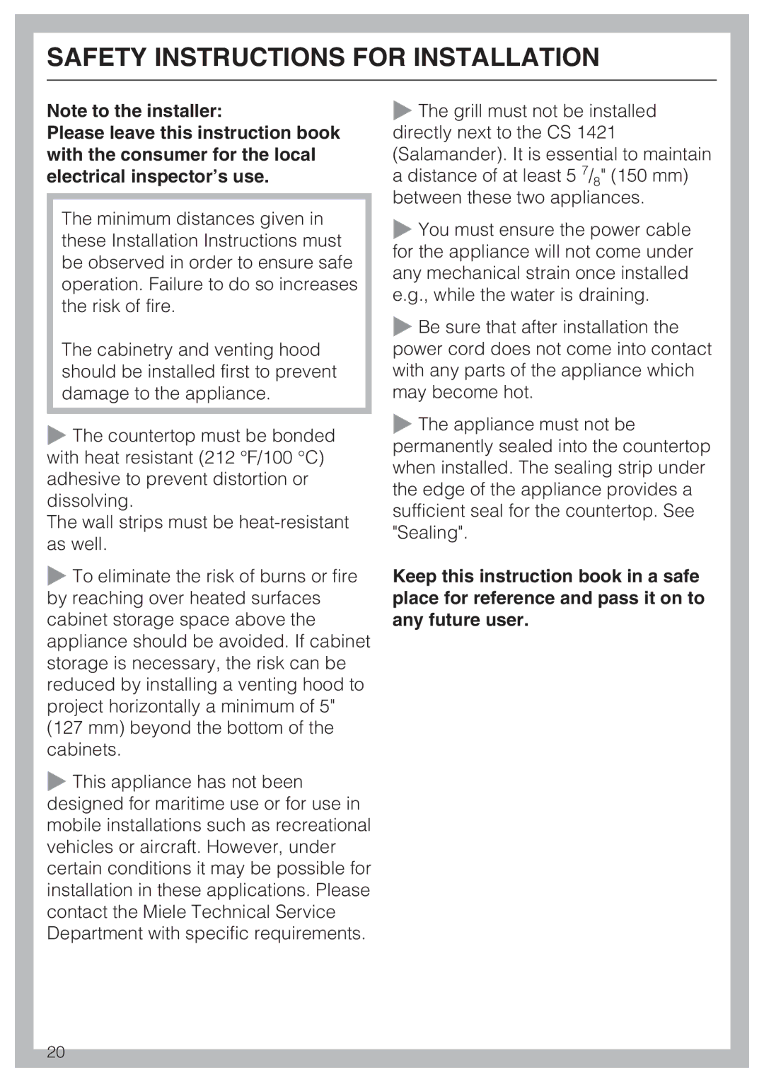 Miele CS 1322 installation instructions Safety Instructions for Installation 